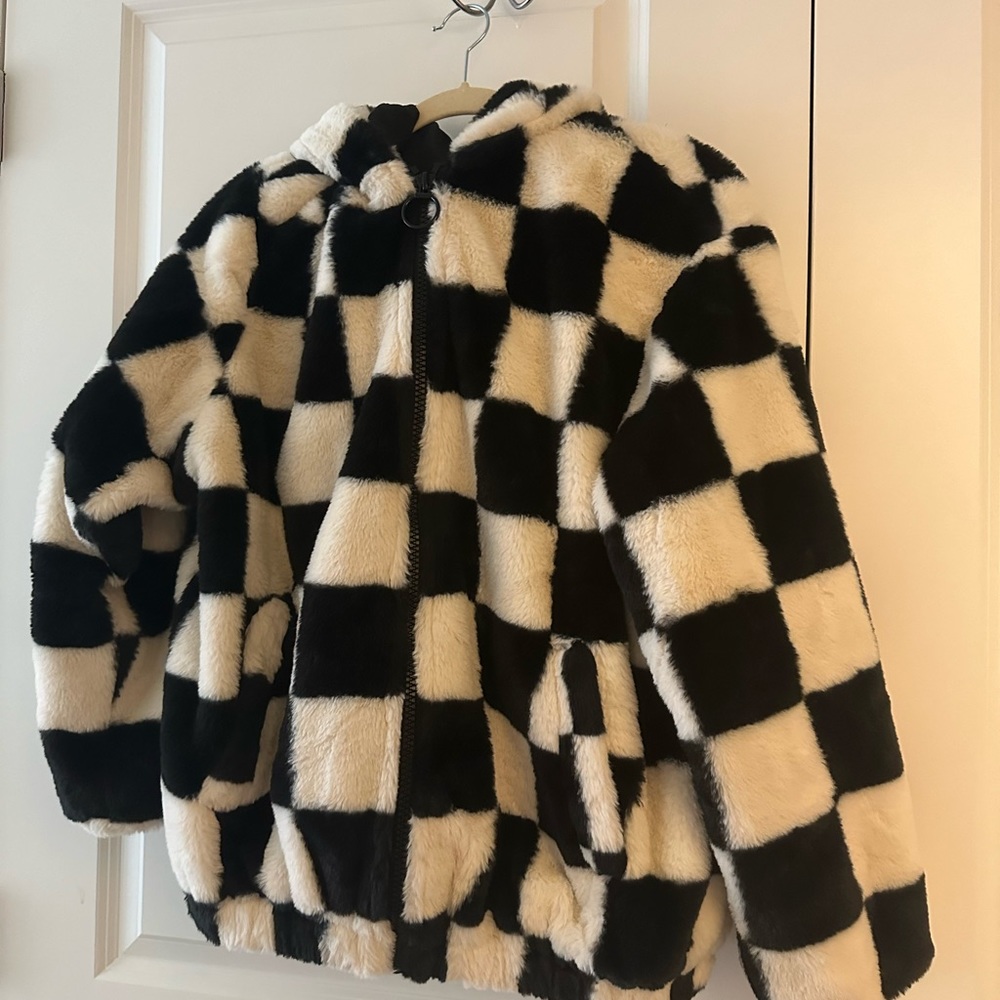 Fuzzy, checkered, zip up, hooded jacket